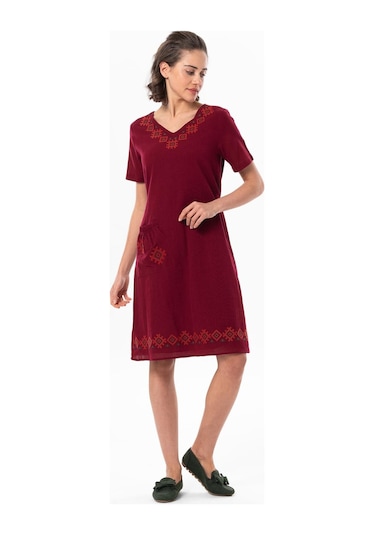 Kolsuz Şile Bezi Kruvaze Yaka Nakışlı Tülin Midi Boy Yazlık Otantik Elbise Bordo Brd-bordo