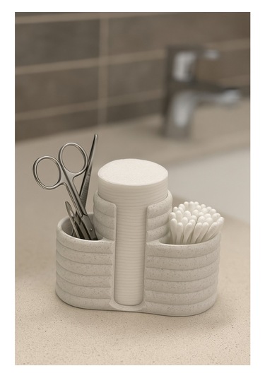 Makyaj Organizeri - 3 Bölmeli - 12cm - Mermer Beyaz Mermer Beyazı