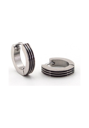 Siyah Renk Üç Çizgili Paslanmaz Çelik Erkek Halka Küpe E663 Siyah