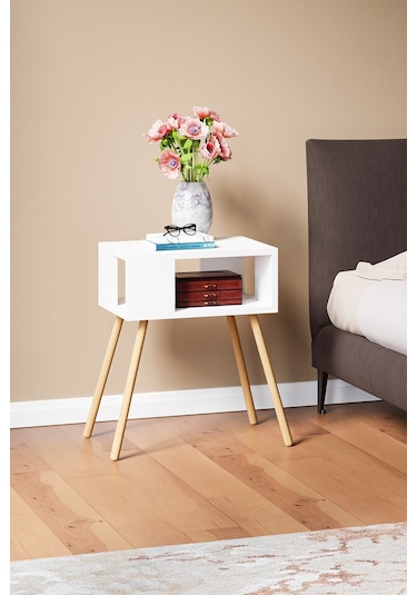 İntergo Ahşap Ayaklı Dekoratif Raflı Komodin Beyaz