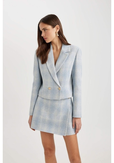 Defacto Yüksek Bel Kareli Tweed Mini Şort Etek C5532AX24SMBE503 Mavi