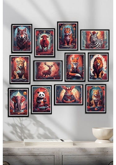 Hayvanların Büyülü Dünyası 12 Parça Mdf Tablo Seti 80x80 Cm