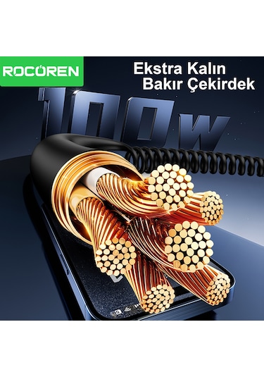 Rocoren 100w 7a Spiral Rgb Led Işıklı Spiral Type-c Hızlı Şarj Ve Data Kablosu 1.6 Metre