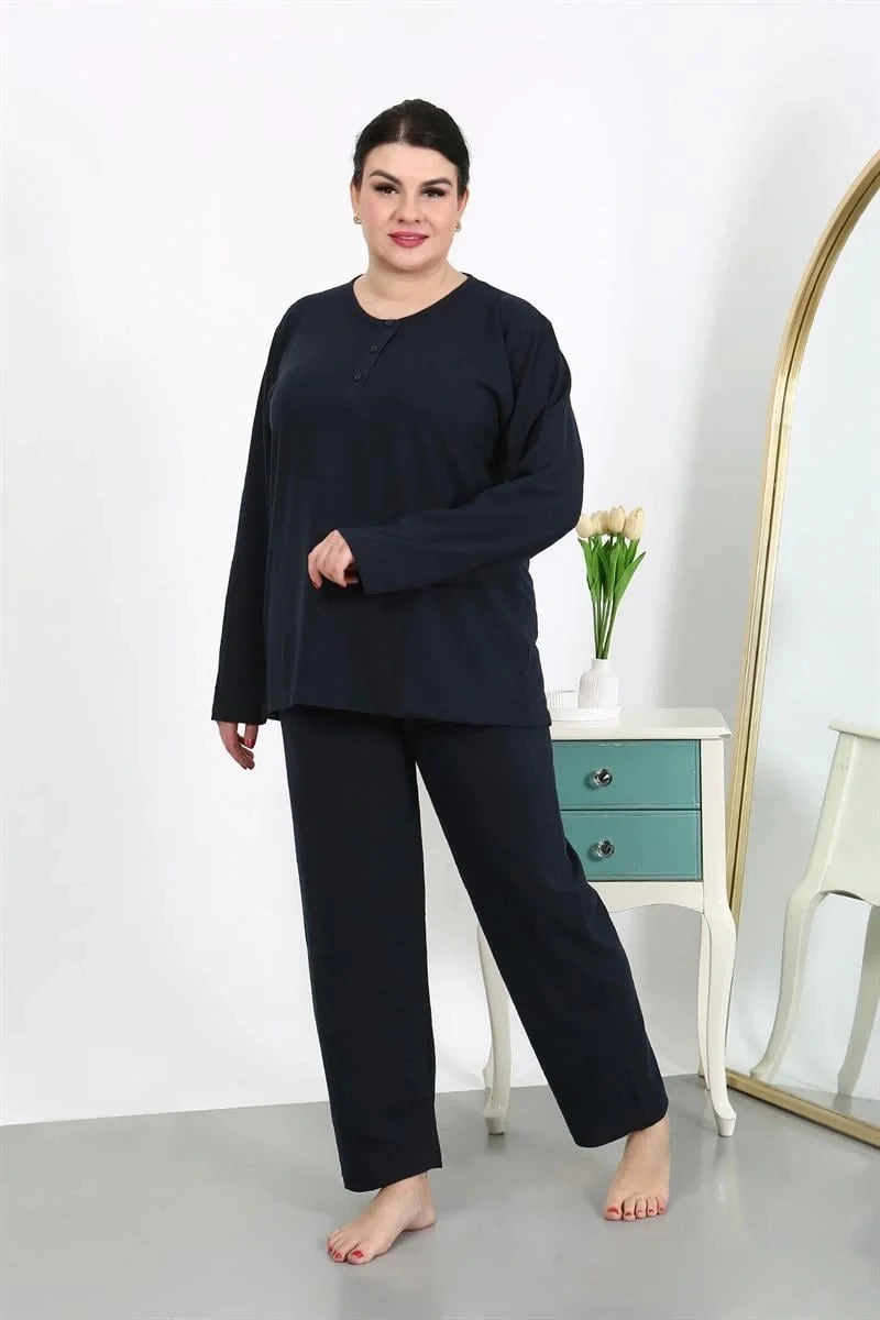 Moda Kadın Büyük Beden Uzun Kol Penye Pijama Takımı Lacivert Lacivert