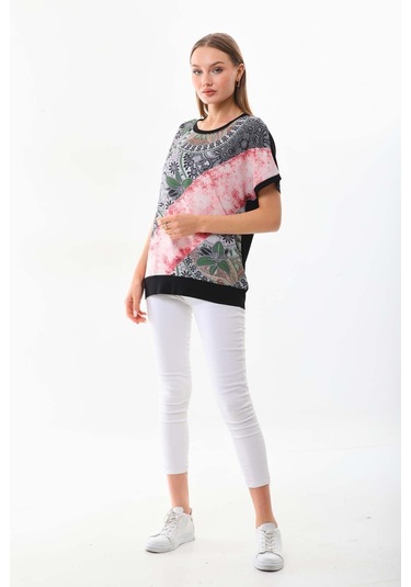 Büşra Triko Kadın Desenli Kısa Kol Penye Bluz 19288 Siyah