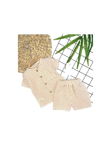 9-12-18-24 Ay Düğme Detaylı Çizgili Müslin Kumaş Yazlık 2li Erkek Bebek Takımı Kahverengi