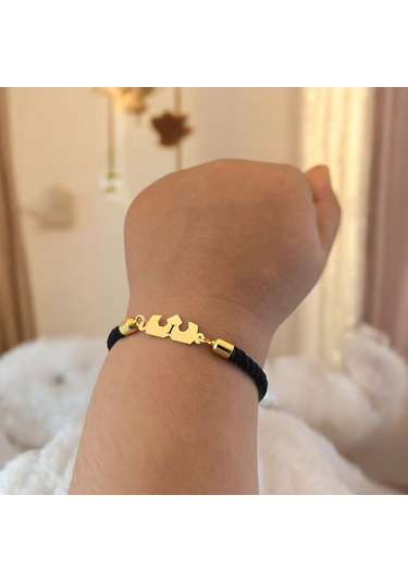 I Harfine Özel Taç Figürlü 14 Ayar Altın Plakalı Siyah İpek Örgülü Hediye Bileklik-507harf I