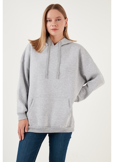 Lela Regular Fit Pamuklu Kapüşonlu Yaka Şardonlu Kışlık Bayan Sweat 5863854 Gri Melanj