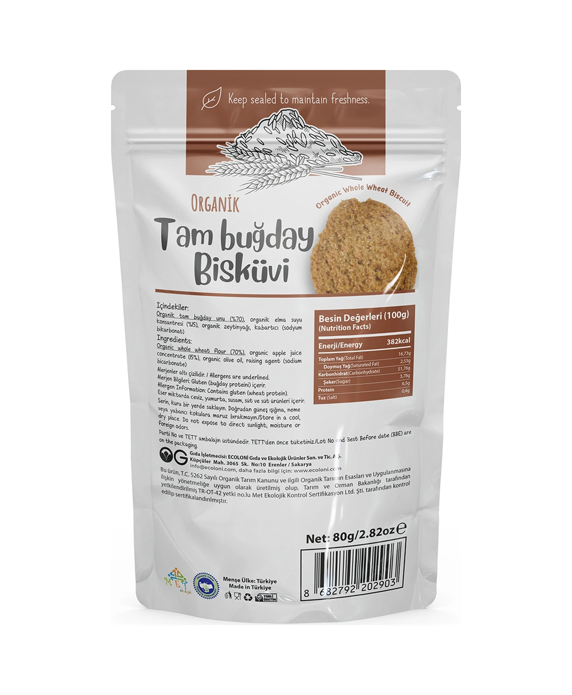 Organik Tam Buğday Bisküvi 80gr