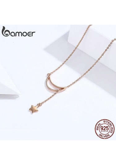 Bamoer 100% 925 Ayar Gümüş Kolye Yeni Ay ve Yıldız Kolye Kadınlar Için Gümüş Takı