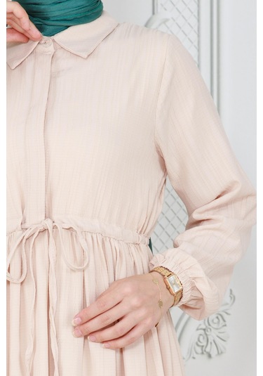 Gömlek Yaka Beli Tünelli Sare Elbise-bej-4074-bej Bej