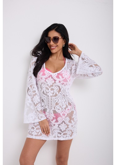 Kolları Volanlı Elbise Beyaz