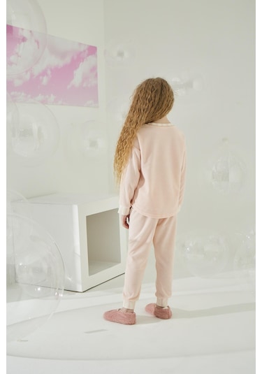 Kız Garson Uzun Kol Kadife Pembe Pijama Takımı C8t5n5o7 001