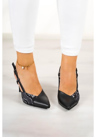 Erkan Saçmacı Sacha Siyah Yılan Arkası Açık İnce Topuklu Ayakkabı Siyah Yılan