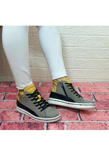 Voyager 8498 Gri-Sarı Hakiki Deri Kaymaz Taban Fermuarlı Bağcıklı