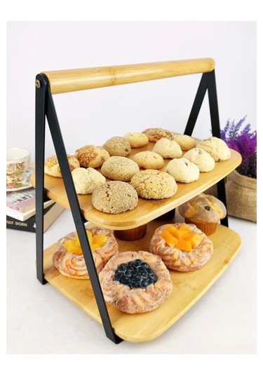 Metal Yan Çerçeveli Bambu 2 Katlı Sunumluk Şık Ve Dayanıklı Mutfak Düzenleyici 33,5 Cm Bambu