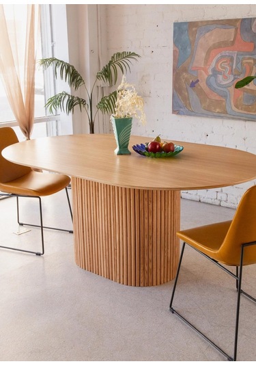 Luna Oval Natural Ahşap Bohem Masa 80x150 Natural Ayak - Natural Üst