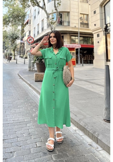 Yeşil Kısa Kol, Gömlek Yaka, Düz Desen, Çift Cepli, Aerobin Kumaş, Kuşaklı Maxi Elbise Yeşil