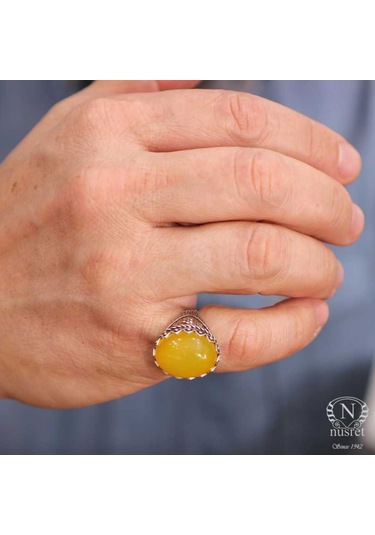 925 Ayar Gümüş Kehribar Taşlı Oval Erkek Yüzük