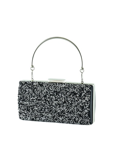 Erkan Saçmacı Siyah Saten Kristal Granül Taşlı Metal Saplı Abiye El Çantası Siyah