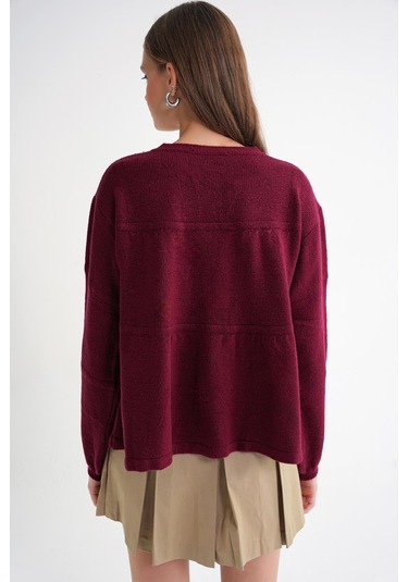 6950 Kadın Yakası Bağcıklı Pileli Triko Kazak Bordo Bordo