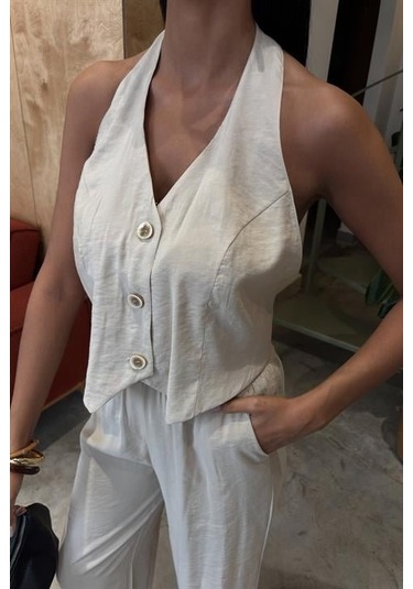 Halter Yaka Yelekli Modal Takım 10144 Altın