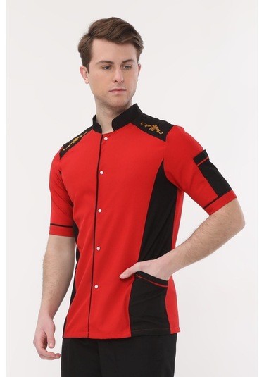 Uniprom Kısa Kollu Aşçı Ceketi Önlük Omuz Nakışlı Cepli Şef, Garson Kırmızı Siyah