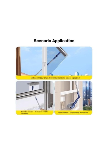 Monyee Yüksek Katlı Evler İçin Çift Taraflı Pencere Temizleyici - Döner Kafa Ve Kauçuk Silecekli Ev Temizlik Aracı Mavi