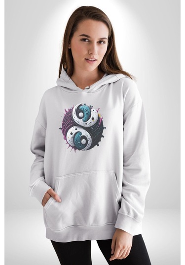 Renkli Yin İle Yang Kuramı Kadın Erkek Beyaz Kapüşonlu Sweatshirt Hoodie Beyaz