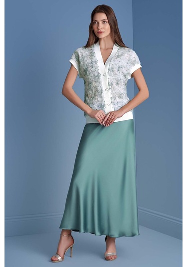 Evaze Kemik Yeşili Saten Etek Kemik Yeşili Yeşil
