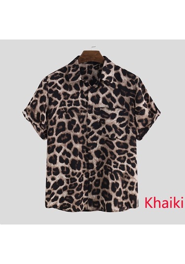 Incerun Casual Leopar Baskılı Erkek Gömlek Yaka Yaz Kısa Kollu Hawaii Gömlek Moda Baskı Üstleri Haki