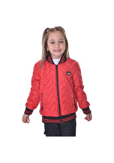 Kız Çocuk Kırmızı Kolej Yaka İçi Astarlı Su Ve Rüzgar Geçirmez Fermuarlı Cep Mont Ceket Kırmızı