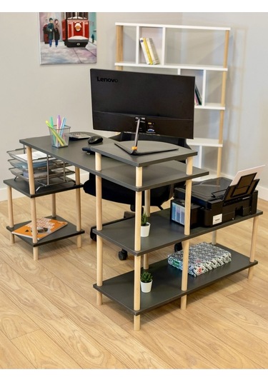Çalışma Masası 5 Raflı Ahşap Ayaklı Dekoratif Modern Bilgisayar Ofis Masası - Antrasit - Köşe