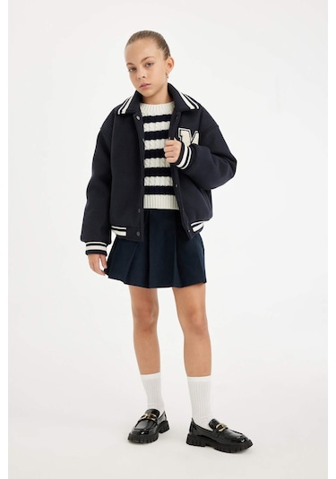 DeFacto Kız Çocuk Yazı Baskılı Çıtçıtlı Ribana Kollu Kolej Mont C5406A824AUNV256 Lacivert
