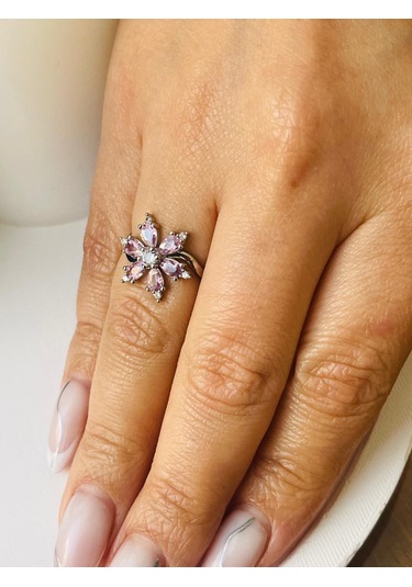 Pembe Lotus Çiçeği Detay Çelik Yüzük