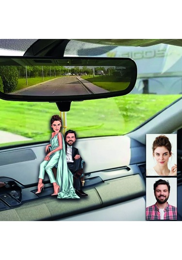 Bay Karı Koca Ahşap Tasarımlı Araba Dikiz Ayna Süsü Magnet Ols