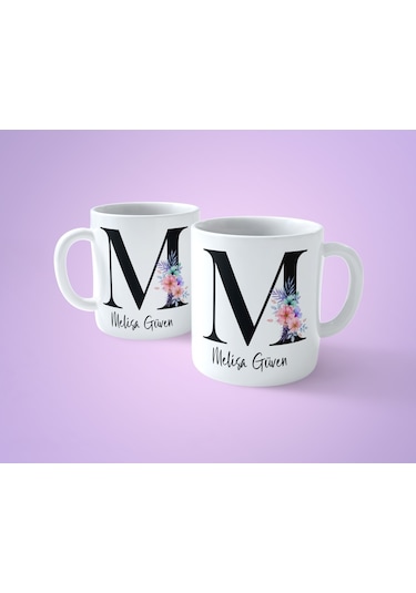 Çiçekli M Harfli İsimli Baskılı Kupa Bardak
