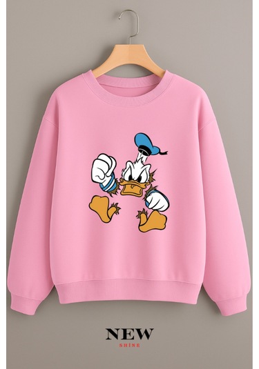 Ördek Baskılı Bisiklet Yaka Sweatshirt Pembe