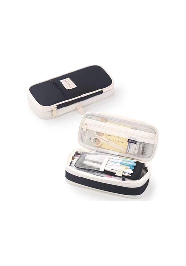 Aurora Büyükkapasiteli Çiftçi Katmanlı Oxford Komaş Kalemçantası Mavi - Siyah