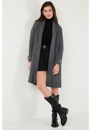 Lela % 100 Akrilik Triko Örme Uzun Bayan Hırka 4615212 Antrasit