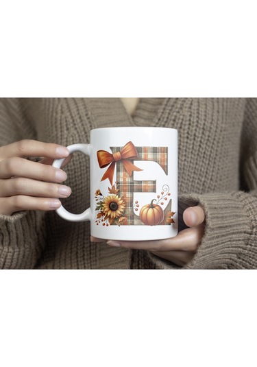 E Harfi Ekose Ve Sonbahar Temalı Kupa Bardak - Kişiye Özel Sıcak Tonlar Alfabe Kupa - Hediye Beyaz