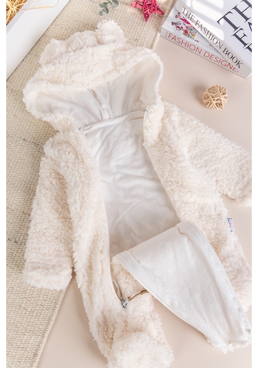 Kapüşonlu Ayıcık Fiğürlü Welsoft Peluş Kışlık Kız/erkek Bebek Tulum Krem