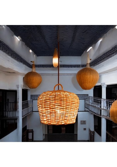 Hasır Yuvarlak Avize El Yapımı 25 Cm Sarı