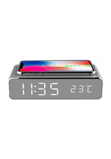 Leezsing Siyah Qı Kablosuz Şarj Cihazı İle Led Saat, 3 Alarm, Sıcaklık Göstergesi Ve Usb Portu - Ofis/ev Masaüstü Aleti