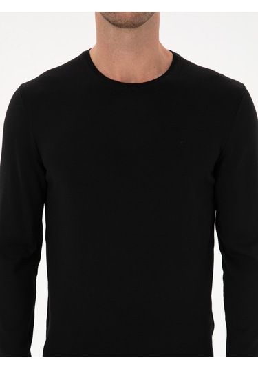 Cacharel Siyah Slim Fit Yün Karışımlı Bisiklet Yaka Basic Triko Kazak