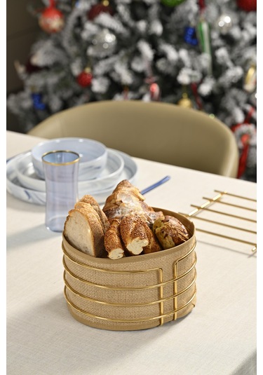 Altın Yuvarlak Ekmek Sepeti Jüt Kahve Kumaş Bezi, Renkli Sunum Sepet Ekmeklik - Çok Amaçlı Metal Paslanmaz Altın
