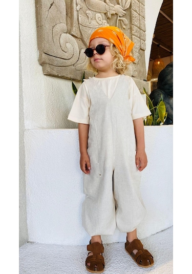 Cigit V Yaka Paça Lastikli Keten Salopet 2-7 Yaş Naturel Beyaz