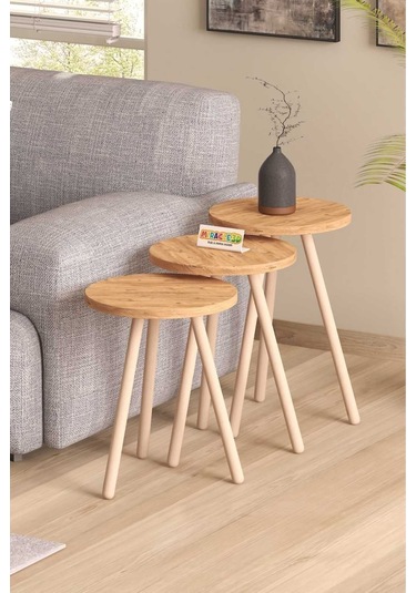 Miracle 3d Zigon Sehpa Ahşap Ayaklı Çam 3'lü Yuvarlak Atlantik