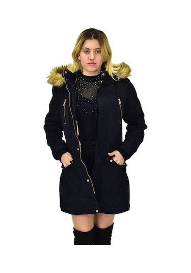 Büyük Beden Çıkarılabilir Kapüşonlu Kürk Astarlı Kadın Gabardin Kaban Siyah