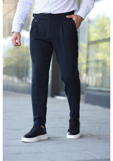 Kuşaklı Pileli Kemer Detaylı Old Money Kumaş Pantolon Lacivert